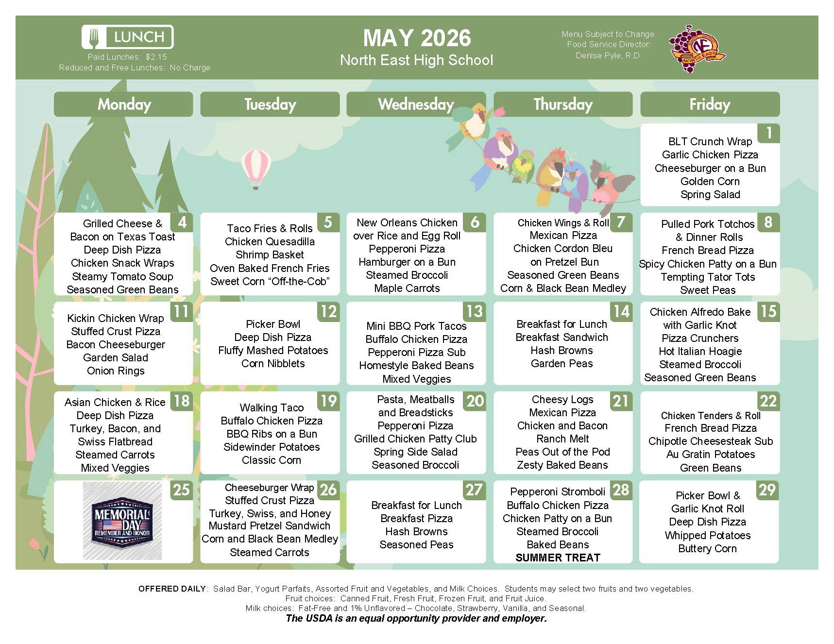 NEHS May Lunch Menu